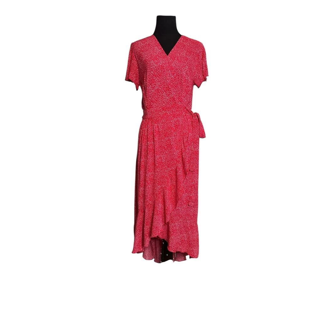 Zesica red white print short sleeves wrap midi dress size Small - Picture 8 of 16